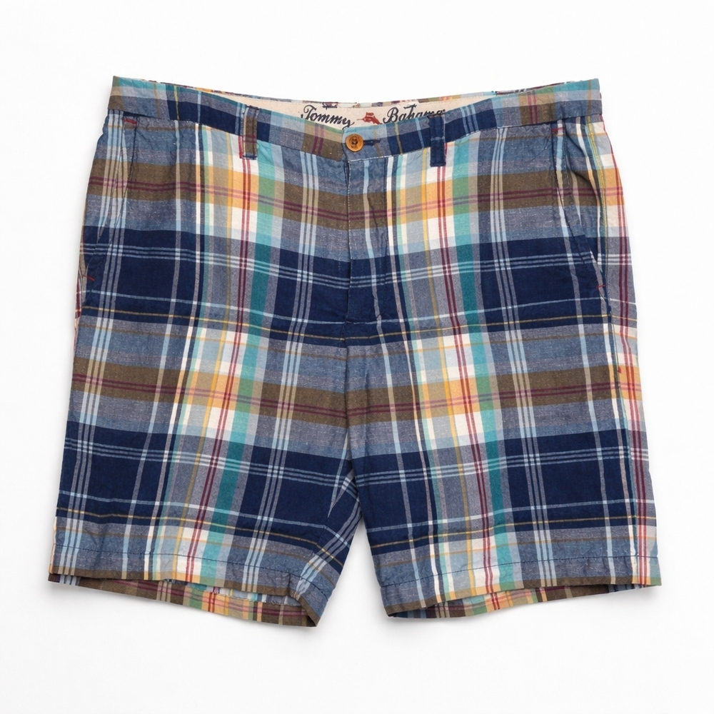 Tommy Bahama Plaid Linen Blend Shorts Size 38 Blue Multi Casual Summer